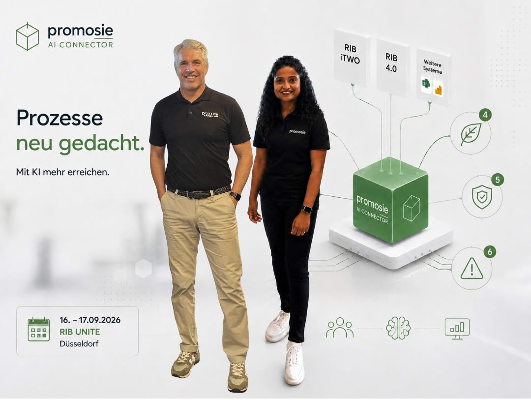 Michael Hofmann und Harshitha von promosie präsentieren den promosie AI CONNECTOR zur RIB Unite 2026 in Düsseldorf.
